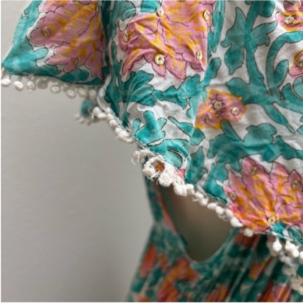 Miss June Boho Maxi Dress Floral Tiered Off Shoulder Teal Green Coral One Size - Picture 14 of 16